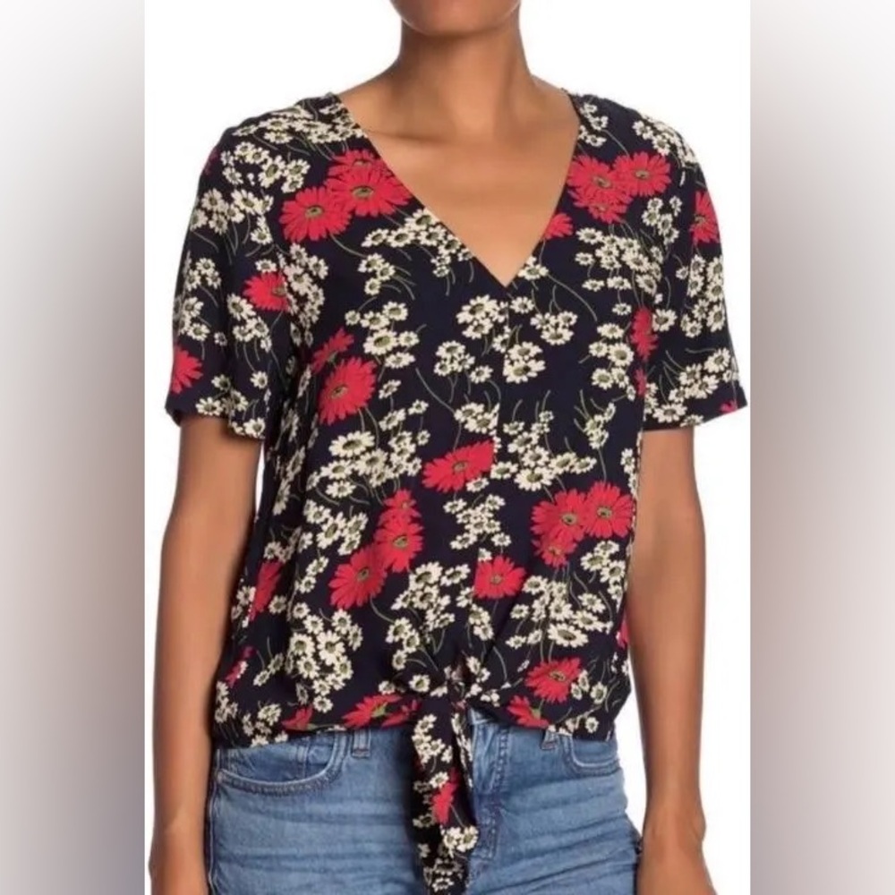 Madewell tie waist shirt, navy white red floral, size XXS extra extra small